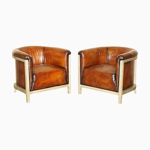 Fully Stitched Brown Leather Limed Oak Tub Club Armchairs, Set of 2