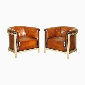 Set of Fully Stitched Brown Leather Limed Oak Tub Club Armchairs