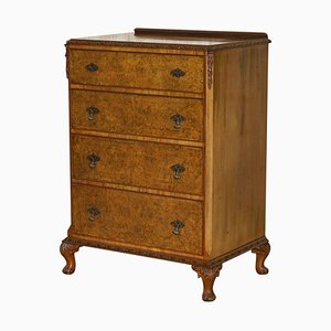 Vintage Hand Carved Cabriole Leg Burr & Burl Walnut Chest of Drawers, 1940s