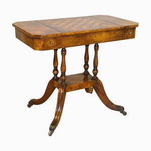 Burr Walnut & Brown Leather Chess Table with Reversible Top