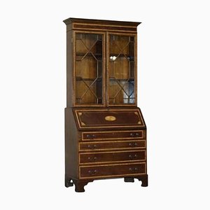 Antique Sheraton Revival Hardwood Walnut & Satinwood Bookcase with Leather Top