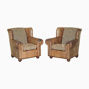 Vintage Brown Leather Kilim Armchairs, Set of 2
