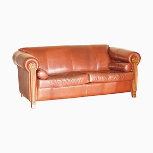 Vintage Art Nouveau Chestnut Brown Leather Club Sofa with Carved Wood Frame