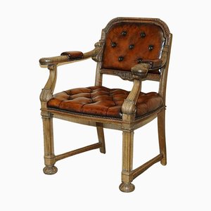 Sedia da scrivania William IV Chesterfield antica in quercia e pelle marrone, metà XIX secolo