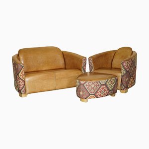 Vintage Brown Leather & Kilim Rocket Sofa, Armchair & Footstool, Set of 3