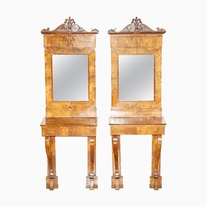 Antique Regency Walnut Console Tables with Mirrors, 1815, Set of 2