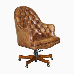 Vintage Aged Brown Leather Chesterfield Captains Swivel Office Chair