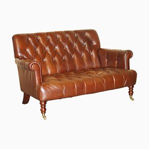 Chesterfield 2-Sitzer Sofa aus kastanienbraunem & braunem Leder