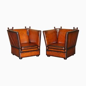 English Drop Arm Brown Leather Armchairs, Set of 2