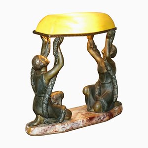 Antike französische Art Deco Tischlampe aus kalt lackierter Bronze mit Marmorfuß