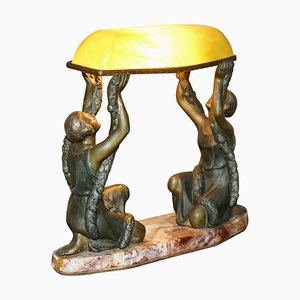 Lampada da tavolo antica Art Deco in bronzo dipinto a freddo con base in marmo