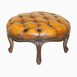 Antique Hand Dyed Cigar Brown Leather Chesterfield Footstool
