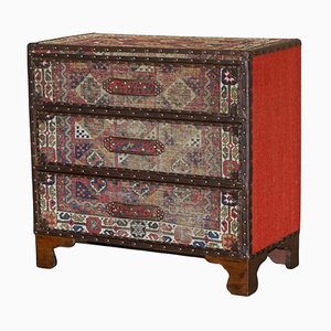 Vintage Kilim & Brown Leather Chest of Drawers