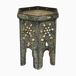 Antique Indian Repousse Pewter with Stone Inlaid Detailing Side Table, 1920