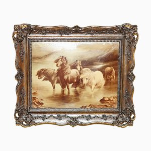 Cuadro de caballos antiguo de madera tallada en cristal