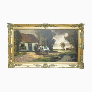 H. Verbeelk, Scena rurale con cavallo, Dipinto ad olio di grandi dimensioni, Incorniciato