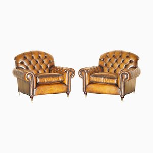 Braune Bulgaru Chesterfield Ledersessel von George Smith, 2er Set