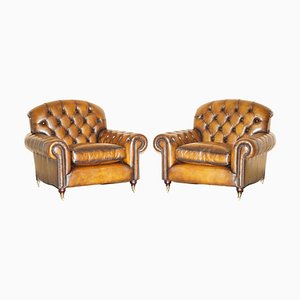 Bulgaru Brown Leather Chesterfield Armchairs by George Smith, Set of 2