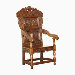 Antique English Carved Wainscott Throne Armchair, 1662