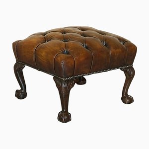 Antiker viktorianischer Chesterfield Fußhocker aus braunem Leder mit Krallen & Kugeln