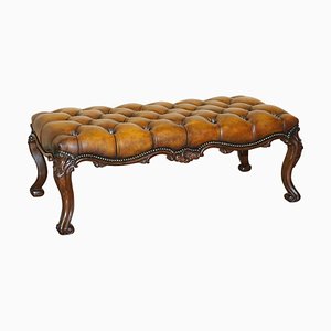 Repose-Pieds Chesterfield en Cuir Brun Antique Victorien en Bois Dur