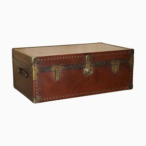 Antique Brown Leather Steamer Trunk Coffee Table with Removable Internal Shelf