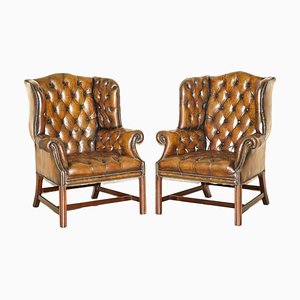 Brown Leather Chesterfield Wingback Armchairs, 1920s, Set of 2