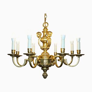 Antique French Rococo Gold Gilt Brass Eight-Branch Cherub Chandelier, 1900s