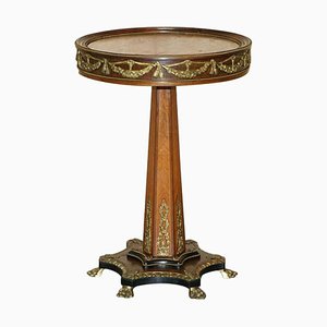 Table d'Appoint Ronde Vintage en Noyer & Laiton Doré, France