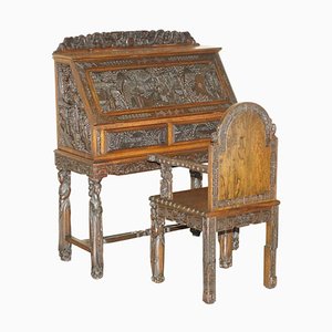 Antique Chinese Hand Carved Bureau Writing Desk & Armchair, 1940s, Set of 2