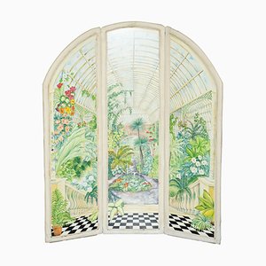 Large Watercolor Room Divider Folding Screen with Garden Scene, 1930s