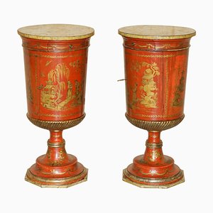 Tall Chinese Chinoiserie Side Tables with Cupboard Base Drawers, 1900s, Set of 2