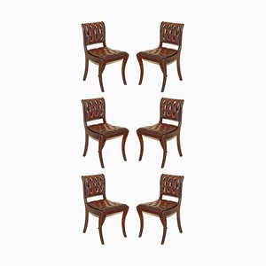 Chaises de Salle à Manger Chesterfield Vintage en Bois Dur et Cuir, Set de 6