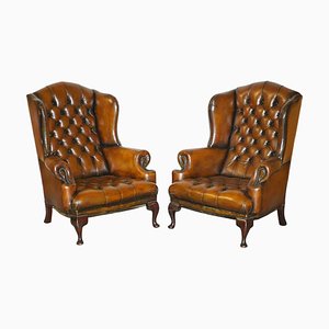 Braune Chesterfield Ohrensessel aus Leder von William Morris, 2er Set