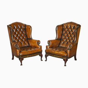 Brown Leather Chesterfield Wingback Armchairs by William Morris, Set of 2