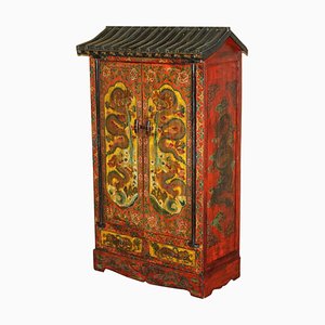 Vintage Chinese Red Dragons Painted Pagoda Top Wardrobe with Drawers