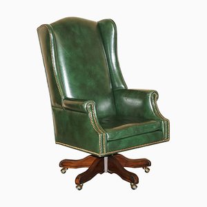 Vintage Heritage Green Leather Captains Wingback Swivel Directors Chair