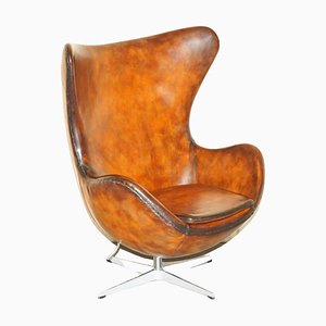 Chaise Egg Chair Vintage en Cuir Marron Whisky dans le style de Fritz Hansen