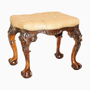 Brown Leather Claw & Ball Chesterfield Stool, 1920s