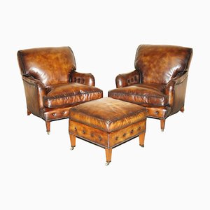 Bridgewater Brown Leather Armchairs & Footstool from Howard & Sons, 1880s, Set of 3