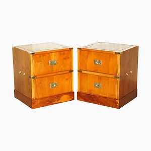Burr Yew Wood Green Leather Military Campaign Nightstand Drawers, Set of 2