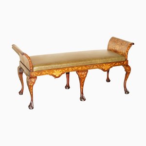 Dutch Marquetry Inlaid Claw & Ball Feet Brown Leather Bench, 1860s