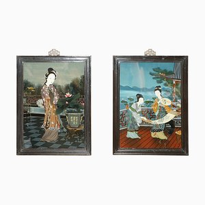 Artista chino, Retratos ancestrales, Vidrio pintado a mano. Juego de 2