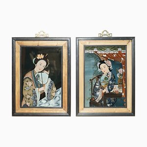 Artiste Chinois, Ancestral Portraits, Verre Peint à la Main, Set de 2