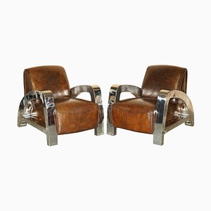 Vintage Art Deco Aviator Heritage Brown Leather & Chrome Armchairs, Set of 2