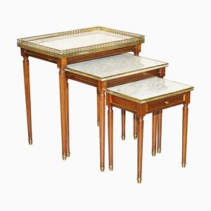 Vintage French Empire Nesting Tables in Italian Carrara Marble & Brass, Set of 3