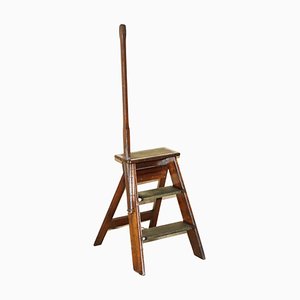 Antique French Napoleon III Hardwood & Leather Library Step Ladder, 1850s