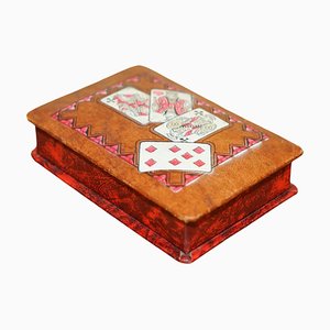 Antikes französisches Napoleon III Spieleetui aus Leder & Handbemalt