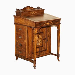 Victorian Hardwood Marquetry Inlaid & Brown Leather Davenport Desk