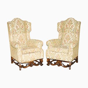 Set of Italian Carolean High Back Wingback Armchairs, 1880s